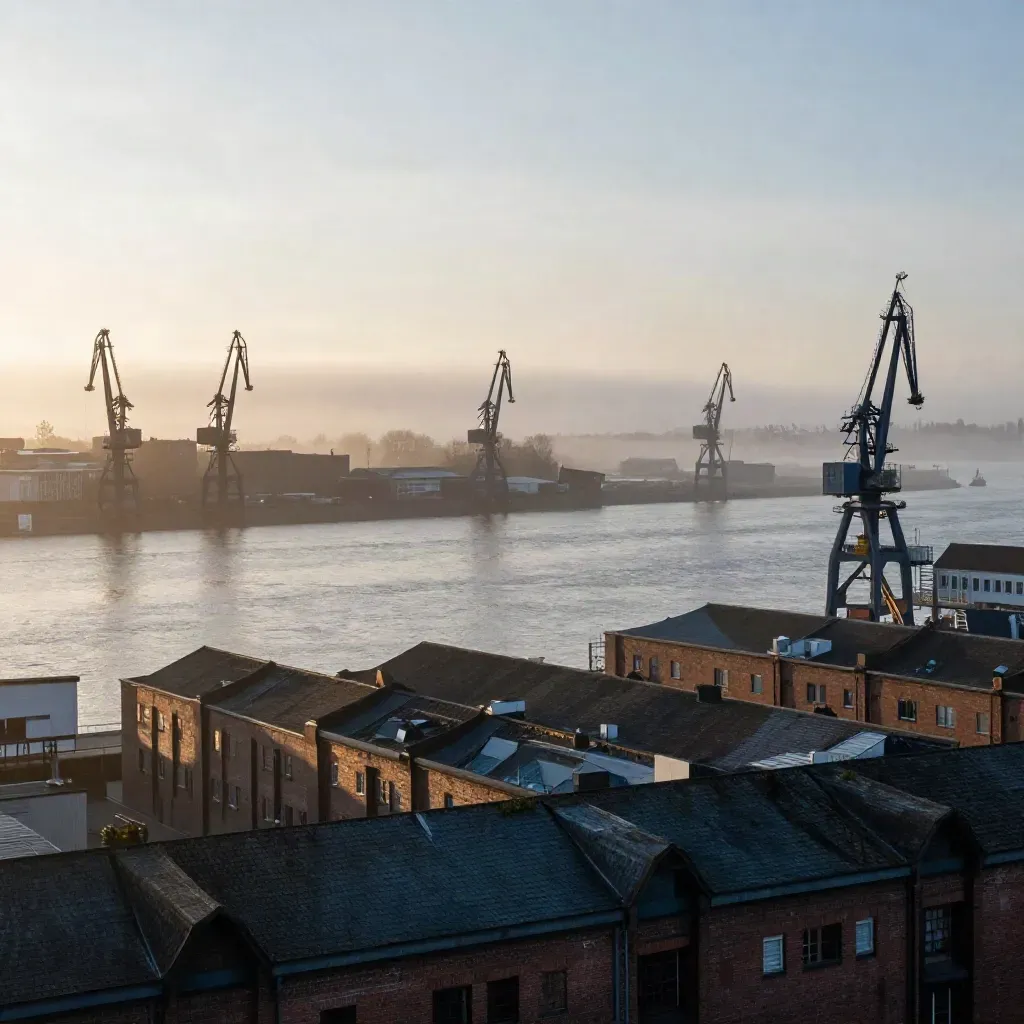 Hamburger Hafen mit Kränen und Elbe im goldenen Nebel, oben im Bild, unten viel freie Fläche.