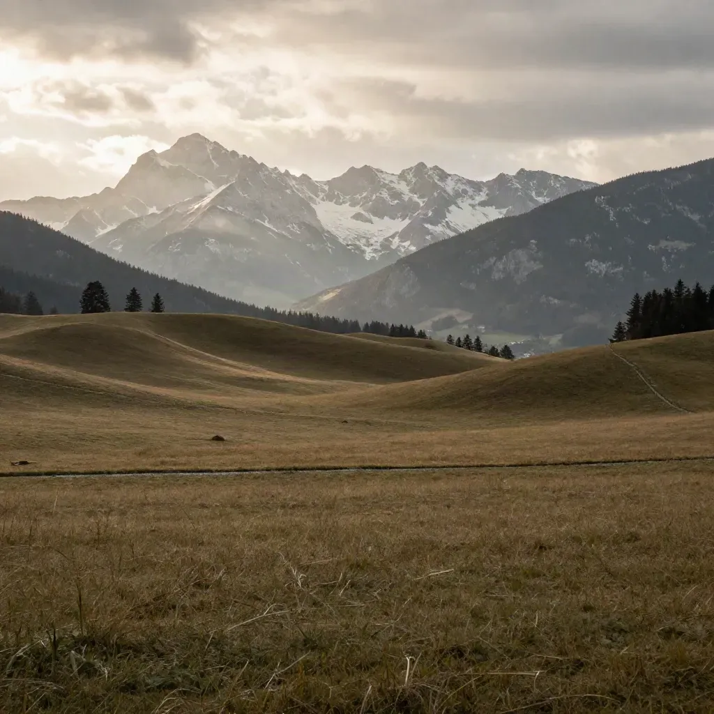 Bayerische Voralpen mit Alpen in der Ferne über ruhiger Wiese nach einem Regenschauer