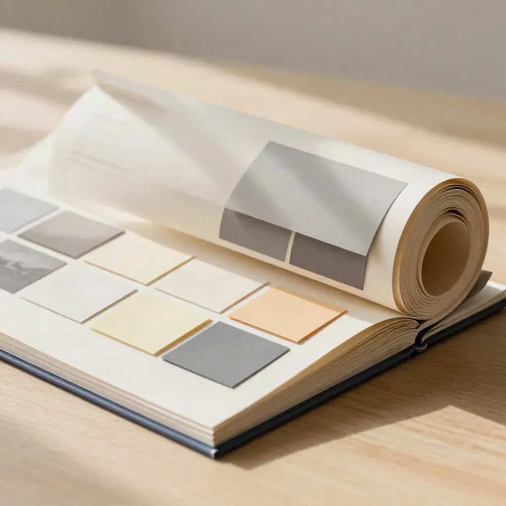 Modulare Website-Layouts aus Papier auf hellem Holztisch, warmes Licht, Navy-Akzent.