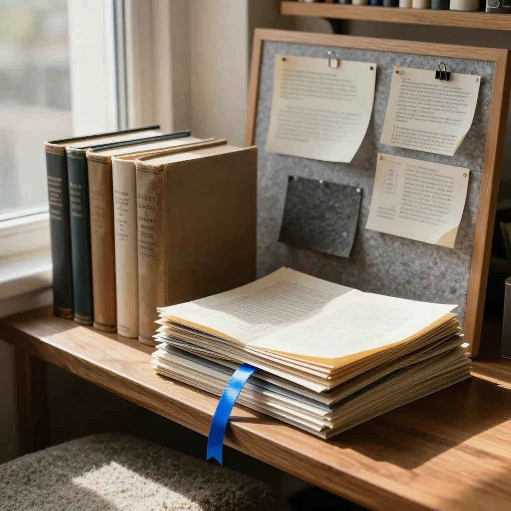 Recherche-Ecke mit Fachbüchern, Lesezeichen und Themenboard im warmen Fensterlicht
