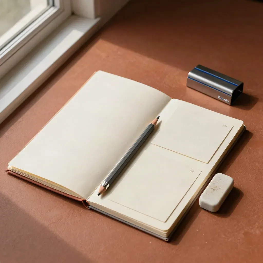 Tonalitäts-Set mit Stilguide, Korrekturstift, Radiergummi, Karten und Papiergewicht auf warmem Putz