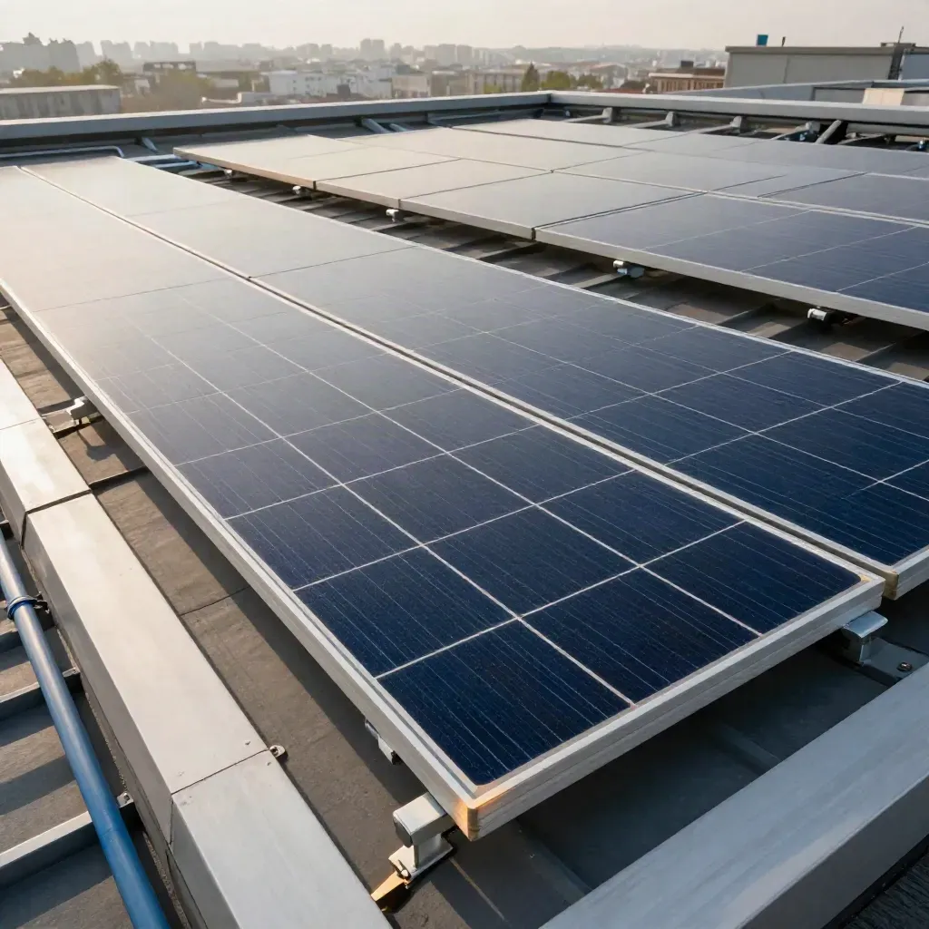 Makro einer Solar-Dachanlage mit blau schimmernden Modulen und stiller Stadtkante.