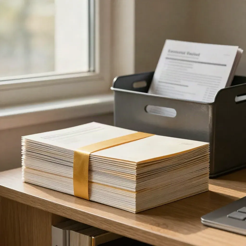 Gestapelte Newsletter-Umschläge im Bürokorb, Papierbänder schweben im Licht.