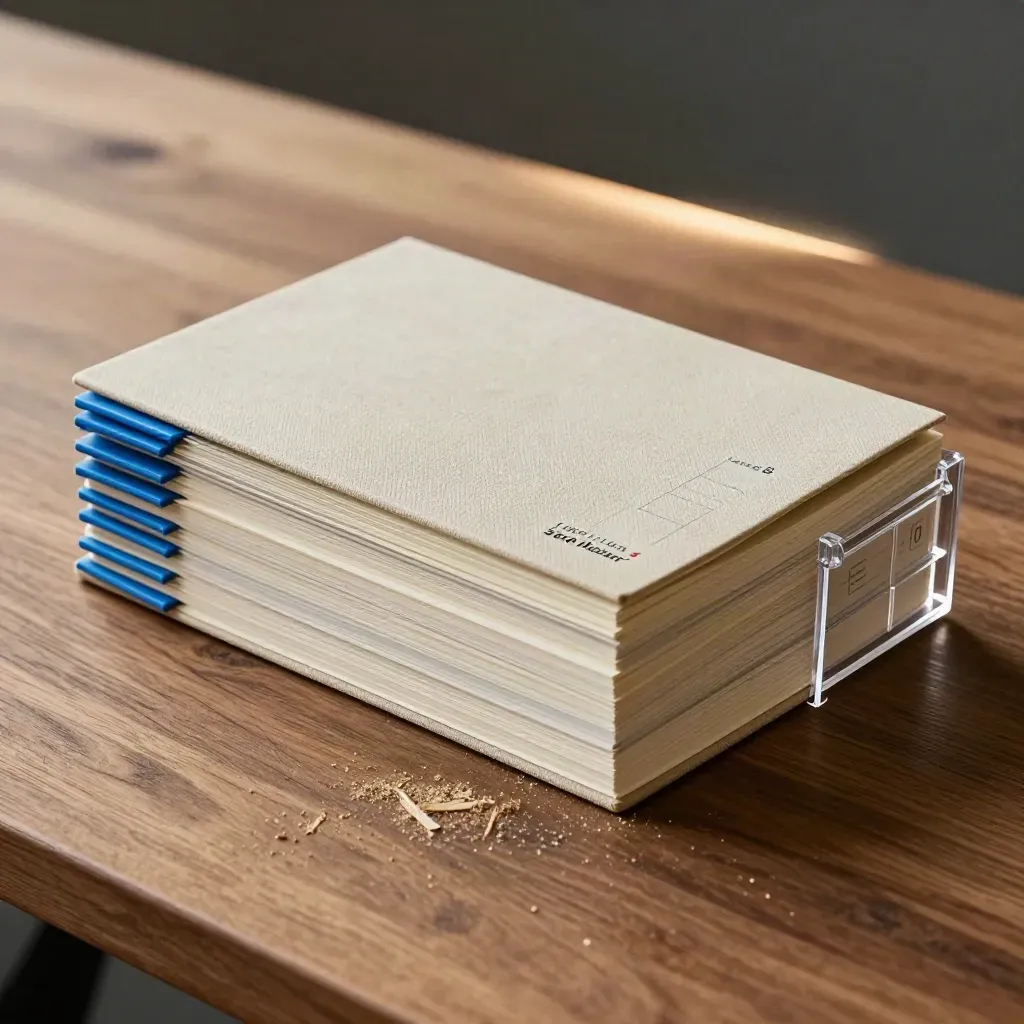SEO-Karten, Registerlaschen und geschlossenes Notebook auf Walnussholz, streng von oben fotografiert.