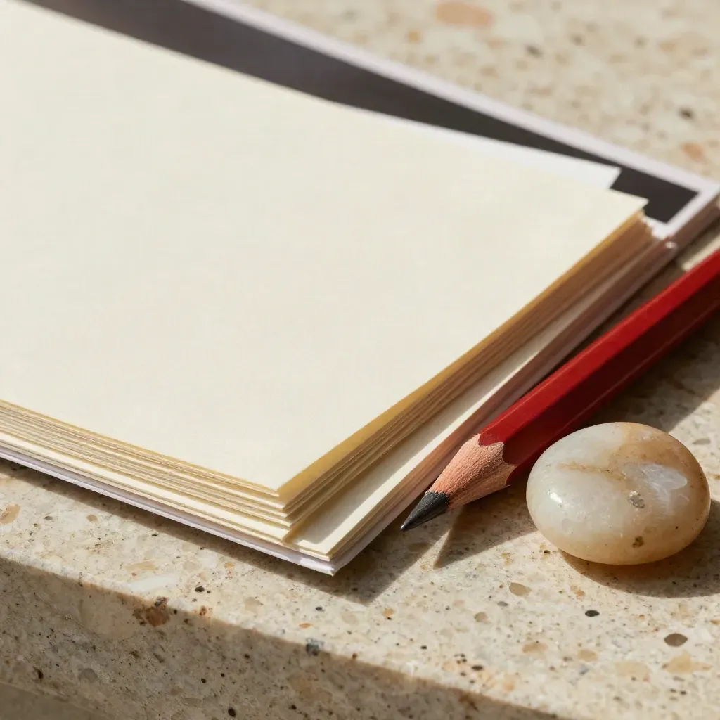 Sales-Set mit Produktprobe, Papierstreifen, rotem Bleistift und Gewichtstein auf Travertin.