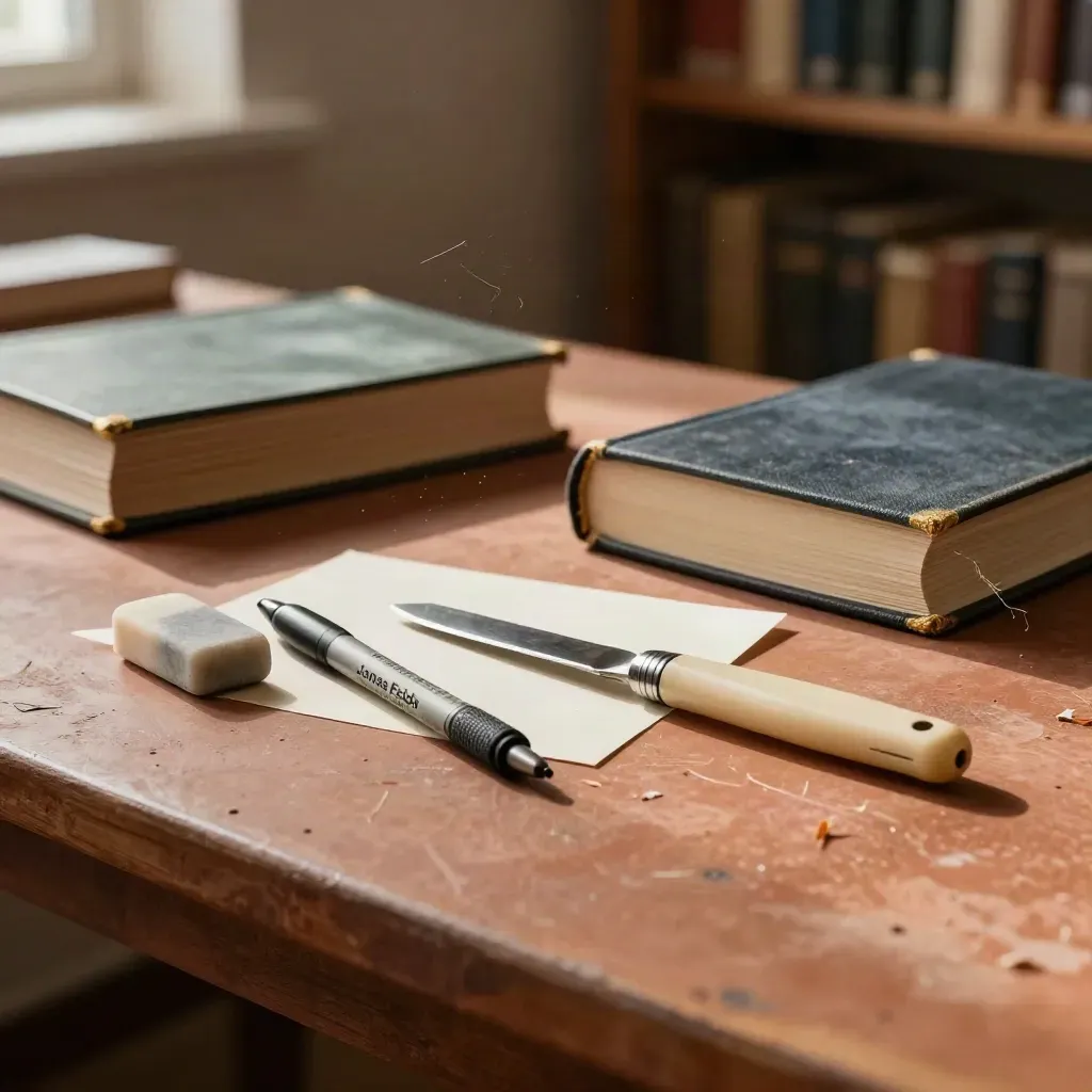 Lektoratstisch mit Korrekturstift, Radiergummi, Papiermesser und geschlossenen Fachbüchern