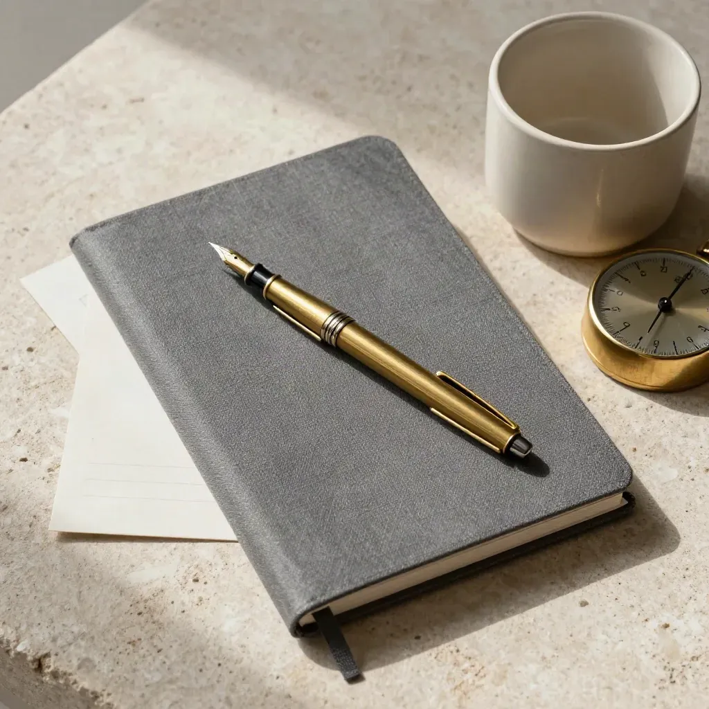 Notizbuch, Messing-Timer, Füller und Tasse auf Stein, von oben inszeniert.