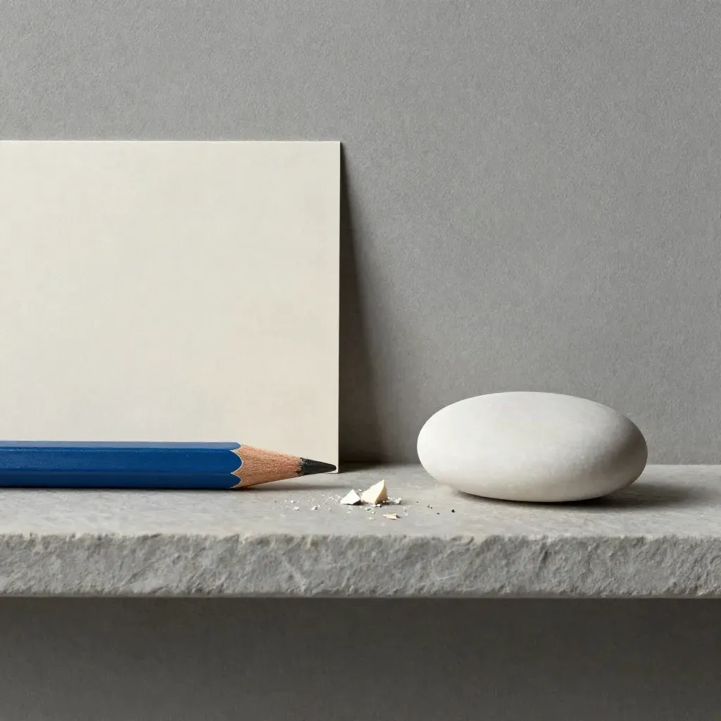 Blauer Bleistift, Radiergummi, Krümel und Papiergewicht auf Steinshelf für den Feinschliff.