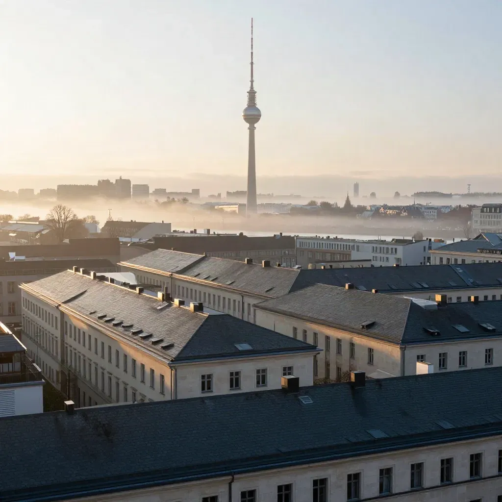 Berlin im Morgennebel mit Fernsehturm hoch im Bild und ruhigen Dächern am Wasser