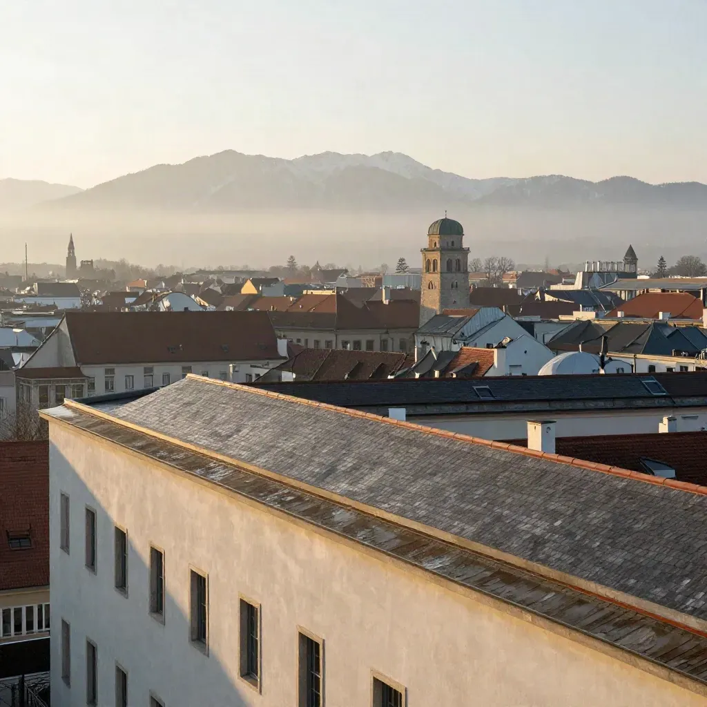Münchner Stadtkante im Morgenlicht mit Alpenferne und ruhiger Steinfläche für Text.